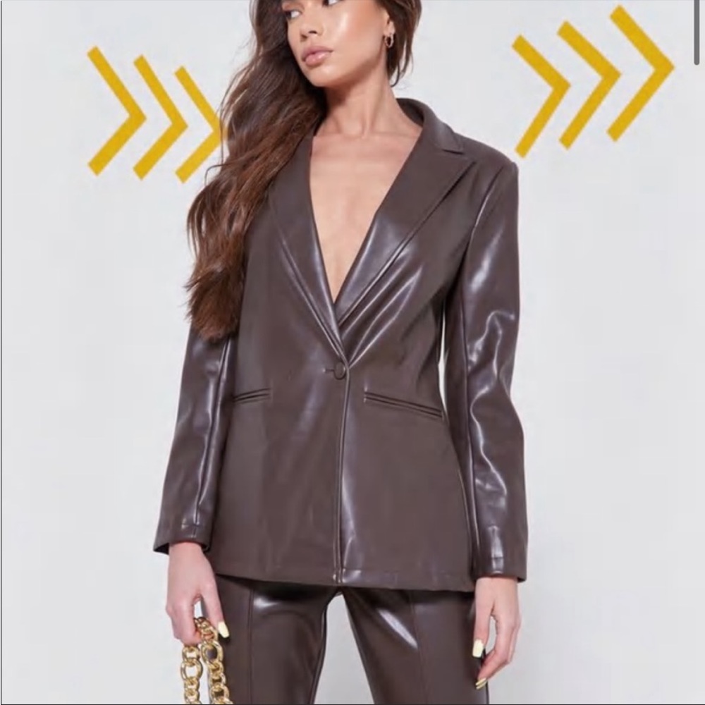 Missguided chocolate co ord faux leather open tie back blazer 0